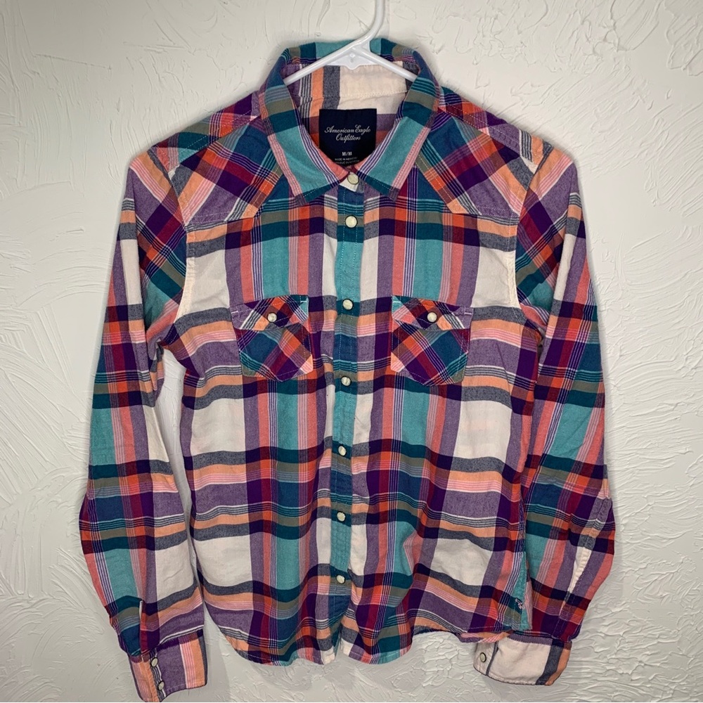 American Eagle Pearl Snap Flannel Button Up Shirt Womens Medium Purple White